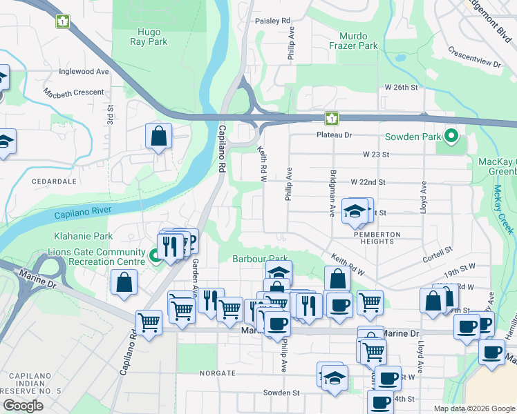 map of restaurants, bars, coffee shops, grocery stores, and more near 2103 Keith Road West in North Vancouver