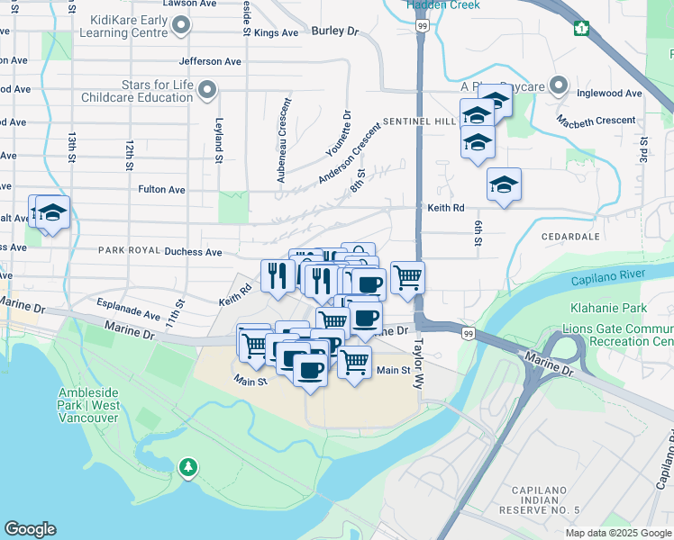 map of restaurants, bars, coffee shops, grocery stores, and more near 792 Arthur Erickson Place in West Vancouver