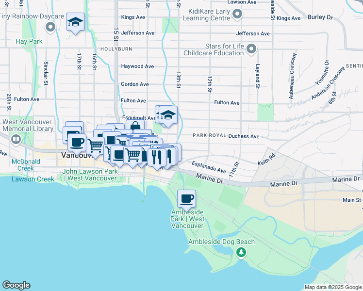 map of restaurants, bars, coffee shops, grocery stores, and more near 1295 Clyde Avenue in West Vancouver