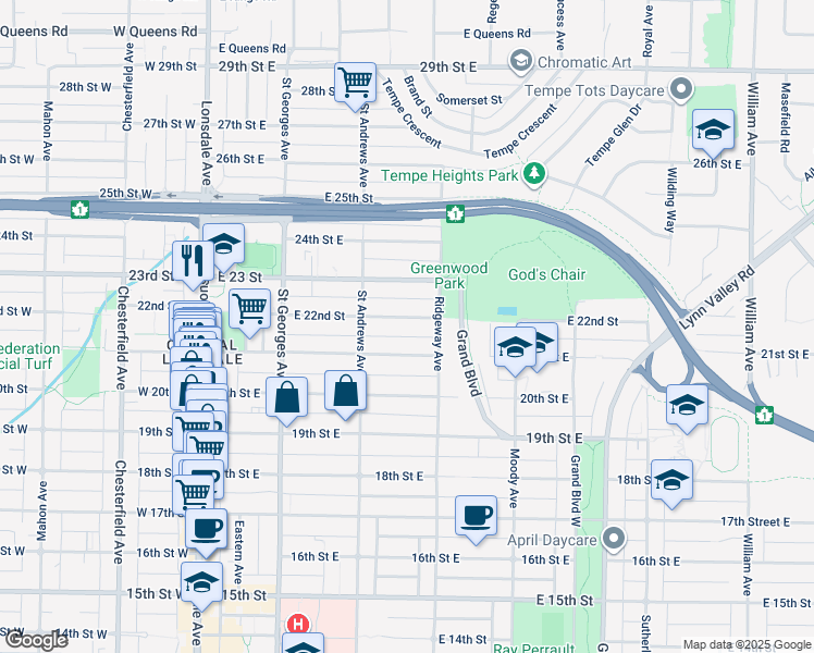 map of restaurants, bars, coffee shops, grocery stores, and more near 341 22nd Street East in North Vancouver