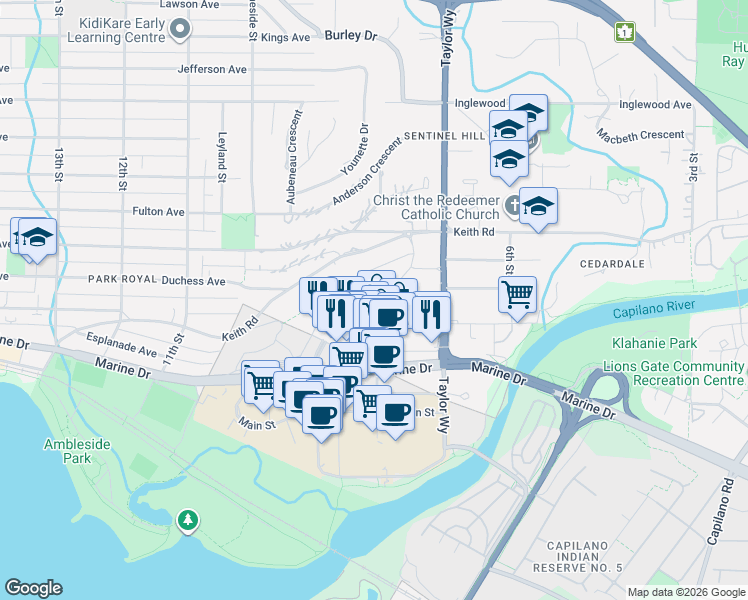 map of restaurants, bars, coffee shops, grocery stores, and more near 788 Arthur Erickson Place in West Vancouver