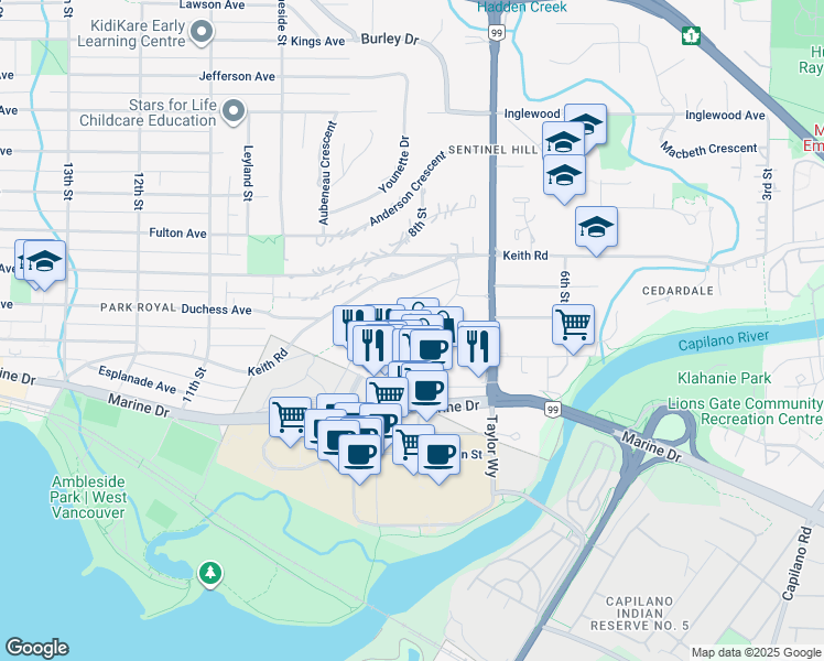 map of restaurants, bars, coffee shops, grocery stores, and more near 780 Arthur Erickson Place in West Vancouver