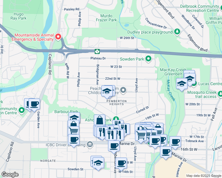 map of restaurants, bars, coffee shops, grocery stores, and more near in North Vancouver