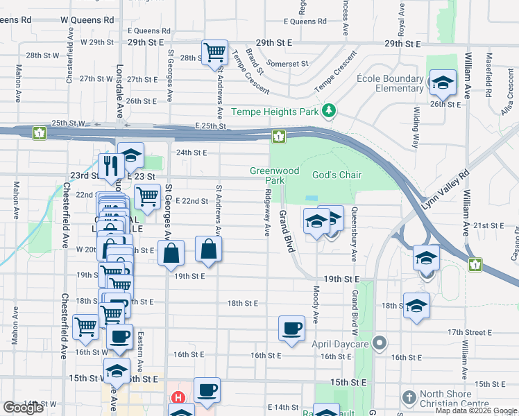 map of restaurants, bars, coffee shops, grocery stores, and more near in North Vancouver