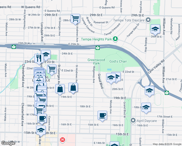 map of restaurants, bars, coffee shops, grocery stores, and more near 361 East 22nd Street in North Vancouver