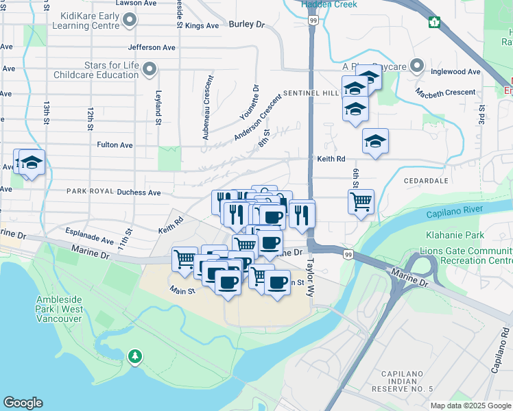 map of restaurants, bars, coffee shops, grocery stores, and more near 796 Arthur Erickson Place in West Vancouver