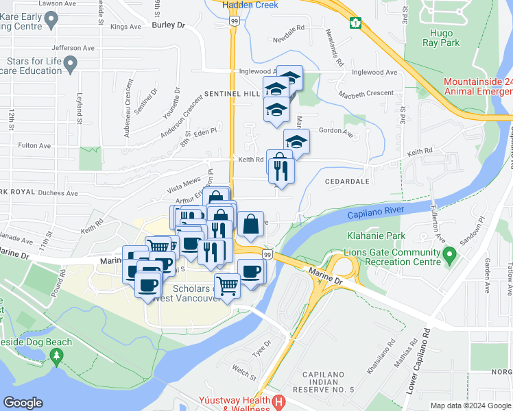 map of restaurants, bars, coffee shops, grocery stores, and more near 640 Duchess Avenue in West Vancouver
