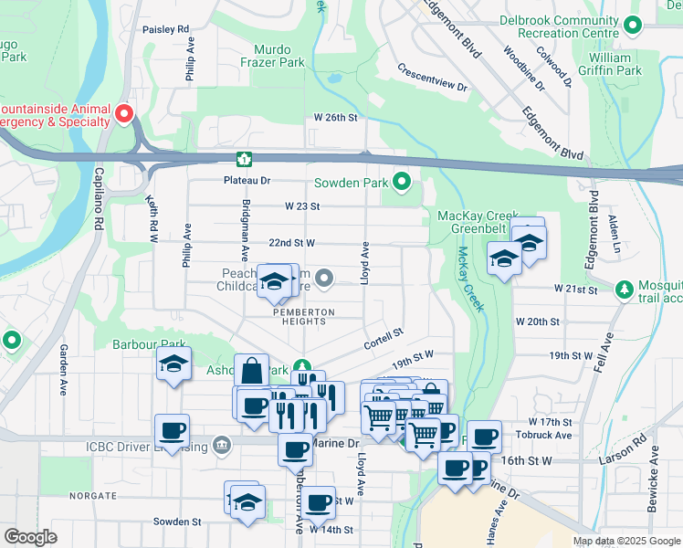 map of restaurants, bars, coffee shops, grocery stores, and more near in North Vancouver