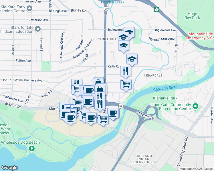 map of restaurants, bars, coffee shops, grocery stores, and more near 694 Duchess Avenue in West Vancouver