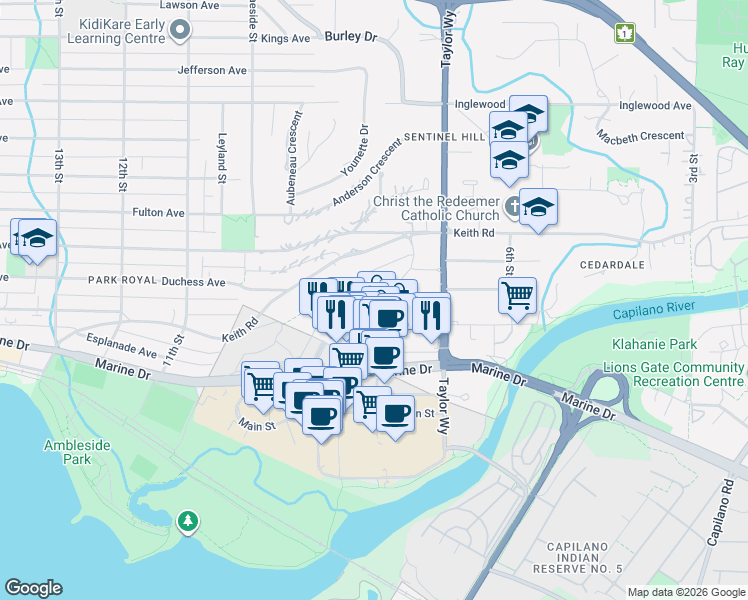 map of restaurants, bars, coffee shops, grocery stores, and more near 788 Arthur Erickson Place in West Vancouver