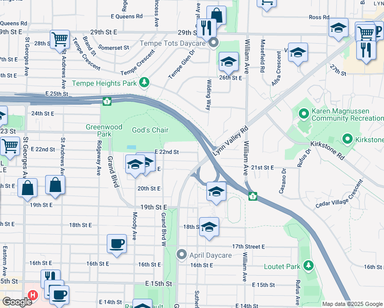 map of restaurants, bars, coffee shops, grocery stores, and more near 647 East 22nd Street in North Vancouver