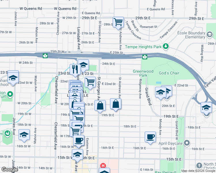map of restaurants, bars, coffee shops, grocery stores, and more near 229 East 22nd Avenue in Vancouver
