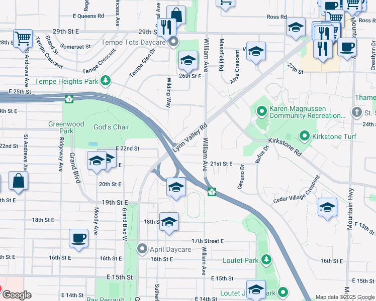 map of restaurants, bars, coffee shops, grocery stores, and more near 759 Morgan Road in North Vancouver