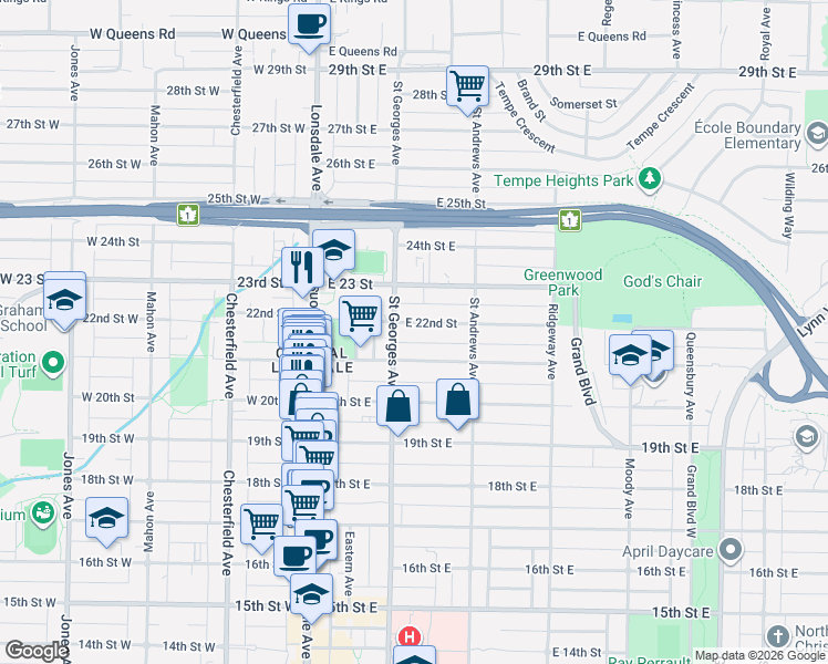 map of restaurants, bars, coffee shops, grocery stores, and more near 215 22nd Street East in North Vancouver