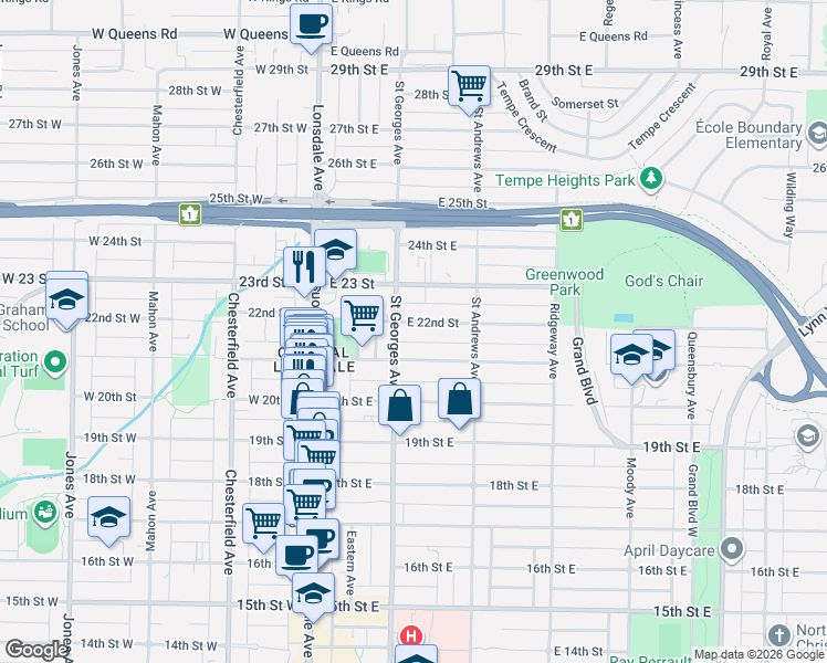 map of restaurants, bars, coffee shops, grocery stores, and more near in North Vancouver