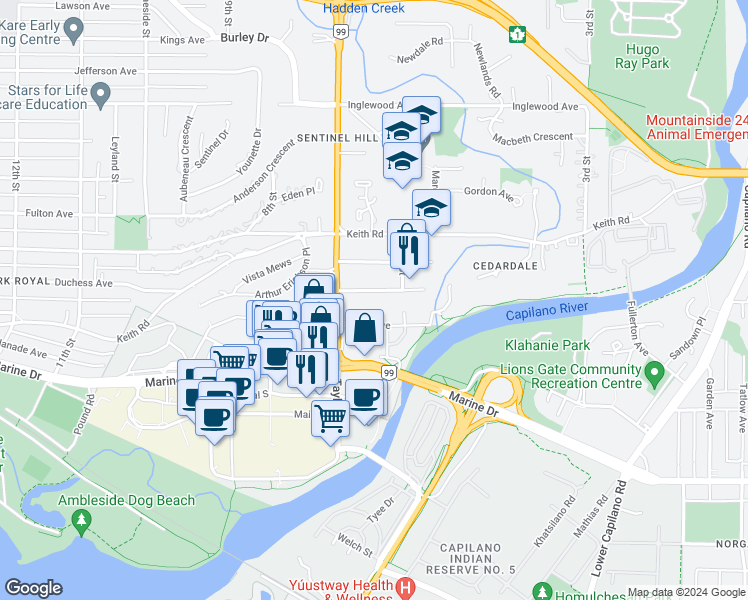 map of restaurants, bars, coffee shops, grocery stores, and more near 640 Duchess Avenue in West Vancouver