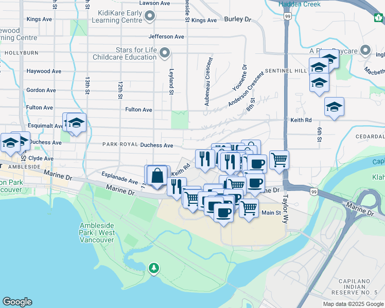 map of restaurants, bars, coffee shops, grocery stores, and more near 970 Duchess Avenue in West Vancouver