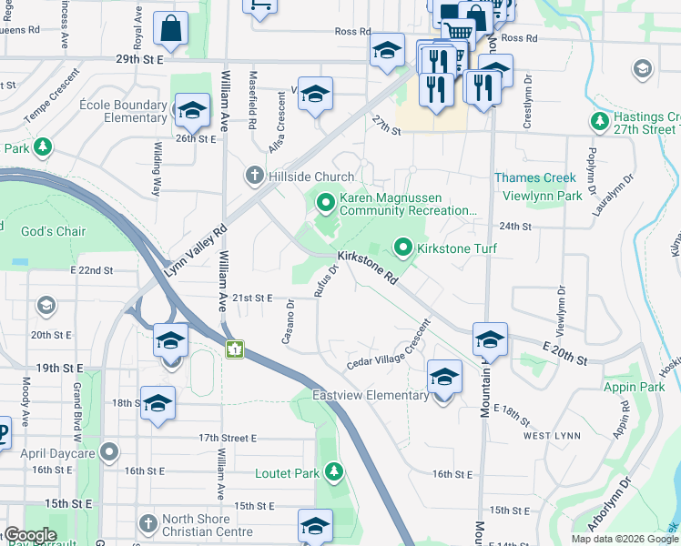 map of restaurants, bars, coffee shops, grocery stores, and more near 2188 Rufus Drive in North Vancouver