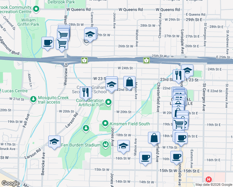 map of restaurants, bars, coffee shops, grocery stores, and more near 2136 Jones Avenue in North Vancouver