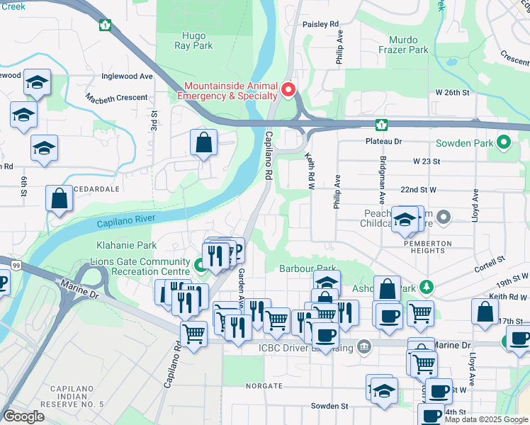 map of restaurants, bars, coffee shops, grocery stores, and more near in North Vancouver
