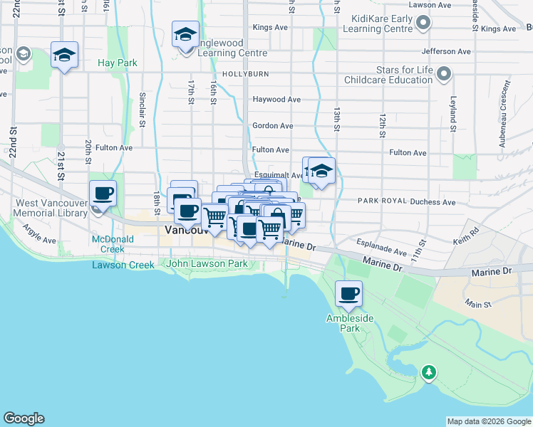 map of restaurants, bars, coffee shops, grocery stores, and more near 1465 Clyde Avenue in West Vancouver