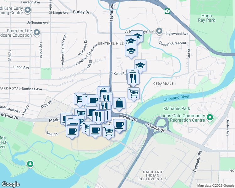 map of restaurants, bars, coffee shops, grocery stores, and more near 670 Duchess Avenue in West Vancouver