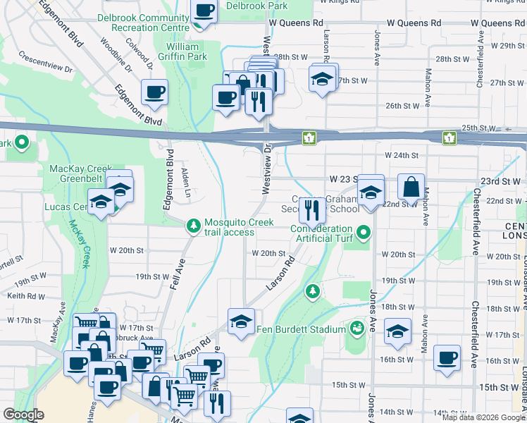 map of restaurants, bars, coffee shops, grocery stores, and more near 2136 Westview Drive in North Vancouver