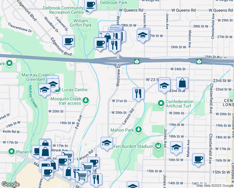map of restaurants, bars, coffee shops, grocery stores, and more near 2136 Westview Drive in North Vancouver