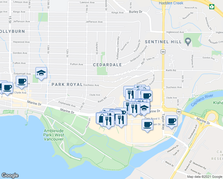 map of restaurants, bars, coffee shops, grocery stores, and more near 975 Keith Road in West Vancouver