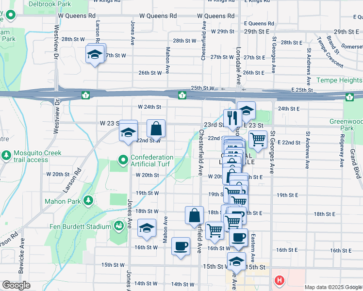 map of restaurants, bars, coffee shops, grocery stores, and more near 239 22nd Street West in North Vancouver