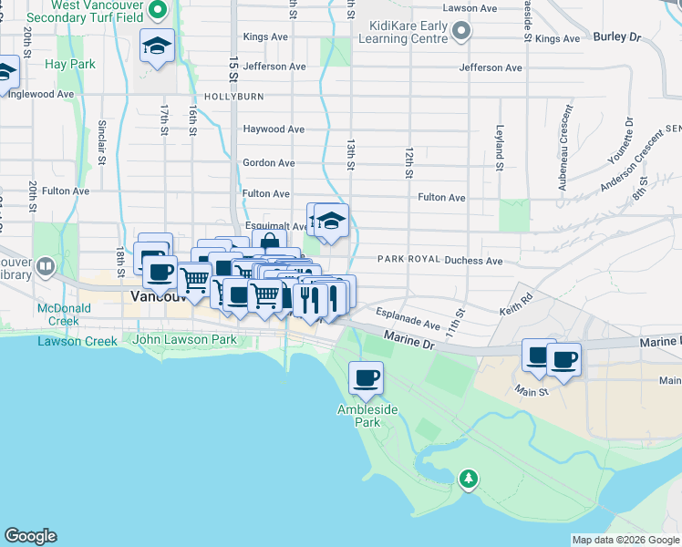 map of restaurants, bars, coffee shops, grocery stores, and more near 13th Street West in North Vancouver