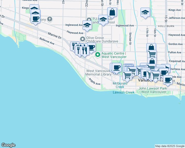 map of restaurants, bars, coffee shops, grocery stores, and more near 2150 Bellevue Avenue in West Vancouver
