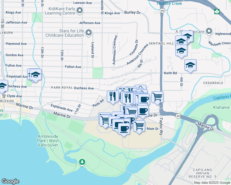 map of restaurants, bars, coffee shops, grocery stores, and more near 940 Keith Road in West Vancouver