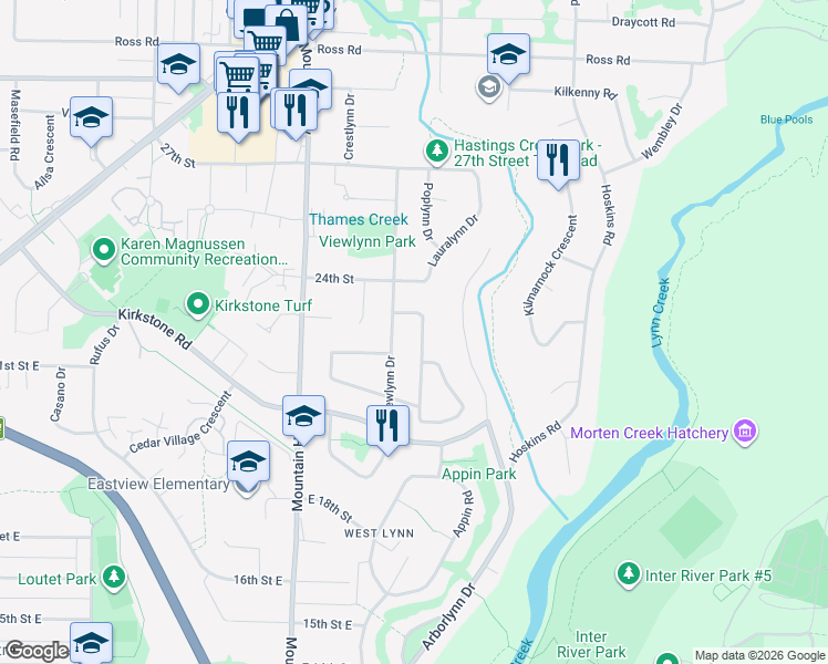 map of restaurants, bars, coffee shops, grocery stores, and more near 2223 Greylynn Crescent in North Vancouver