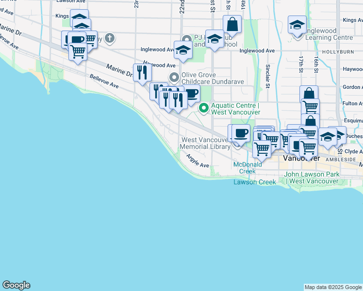 map of restaurants, bars, coffee shops, grocery stores, and more near 2189 Argyle Avenue in West Vancouver