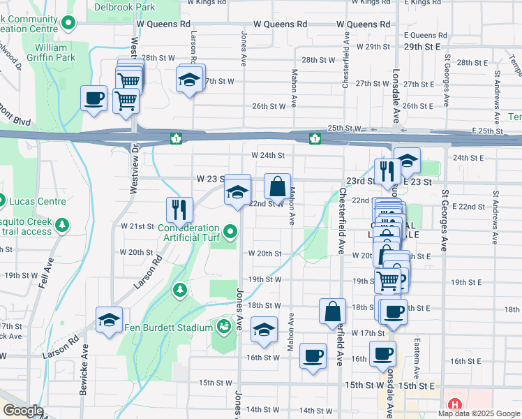 map of restaurants, bars, coffee shops, grocery stores, and more near 341 West 22nd Street in North Vancouver