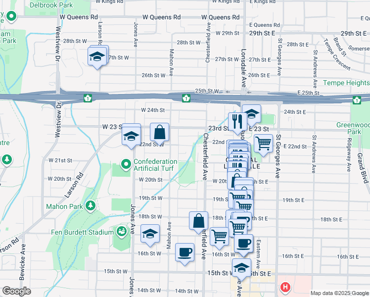 map of restaurants, bars, coffee shops, grocery stores, and more near 239 22nd Street West in North Vancouver