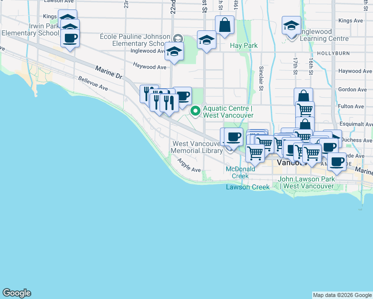 map of restaurants, bars, coffee shops, grocery stores, and more near 2150 Bellevue Avenue in West Vancouver