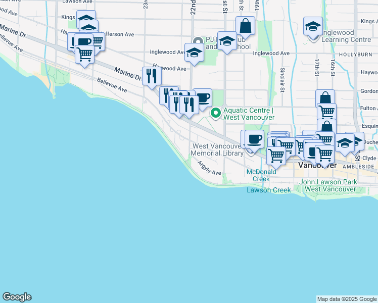 map of restaurants, bars, coffee shops, grocery stores, and more near 103 22nd Street in West Vancouver