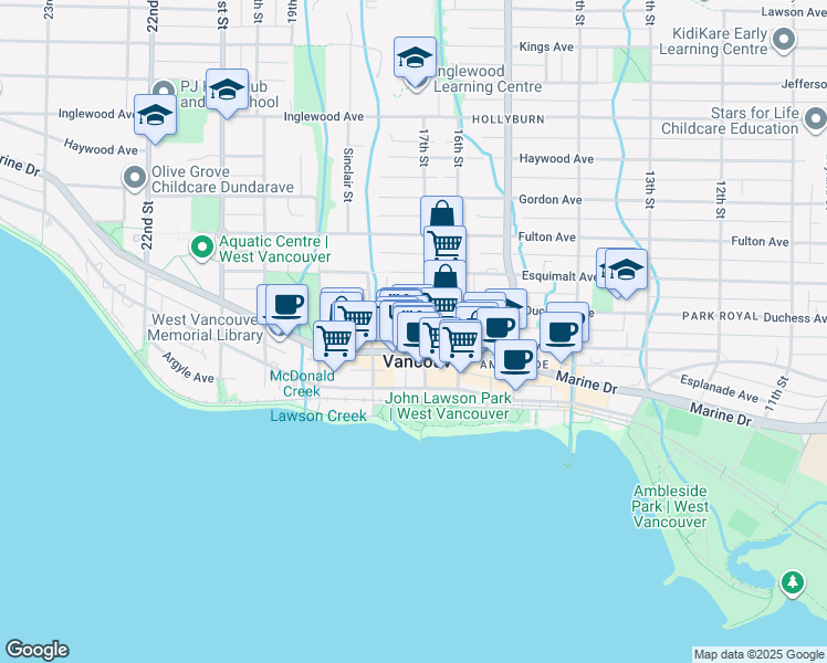 map of restaurants, bars, coffee shops, grocery stores, and more near in West Vancouver