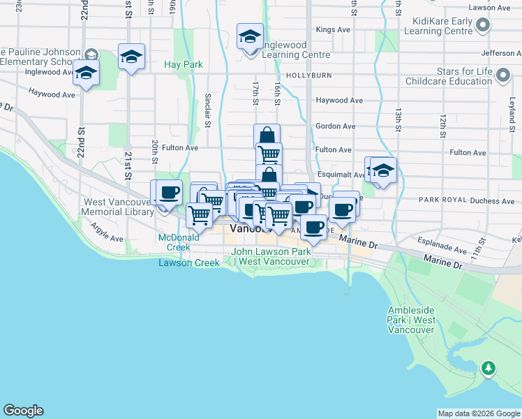 map of restaurants, bars, coffee shops, grocery stores, and more near 550 17th Street in West Vancouver