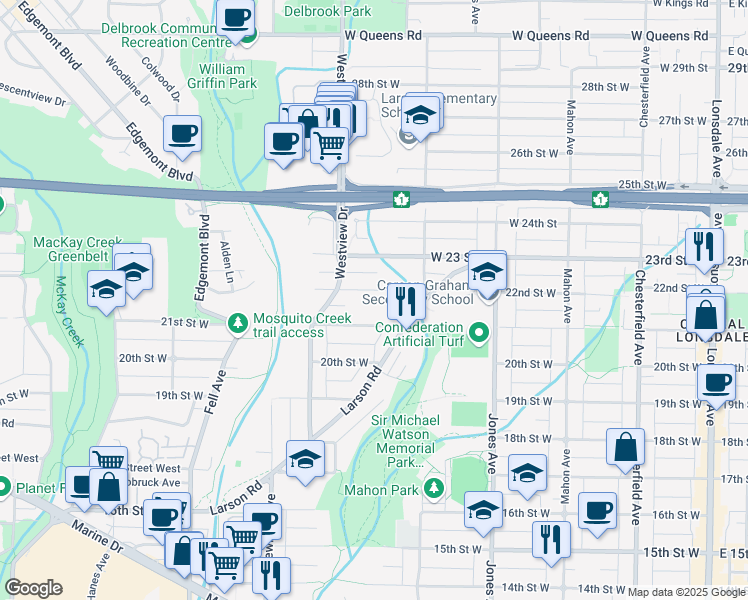 map of restaurants, bars, coffee shops, grocery stores, and more near 549 West 22nd Street in North Vancouver