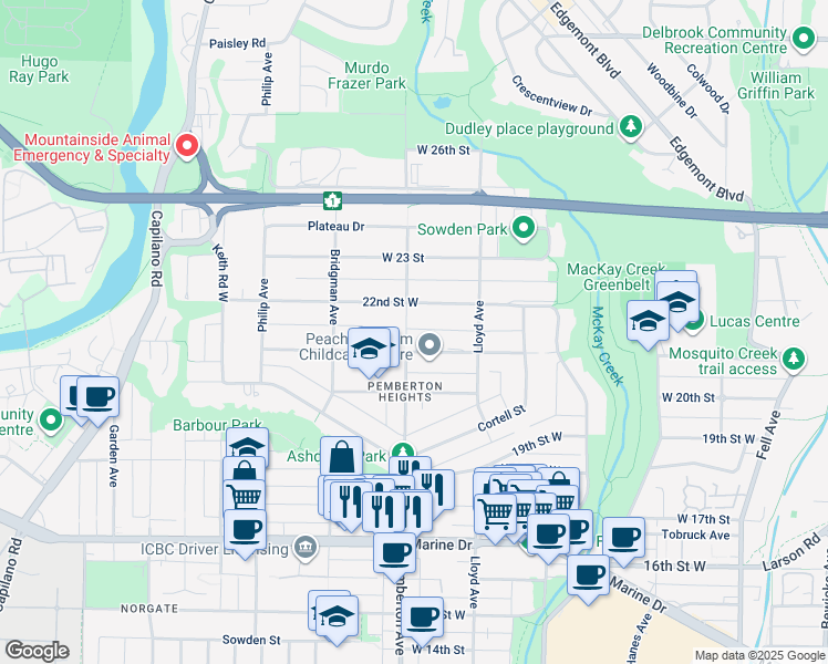 map of restaurants, bars, coffee shops, grocery stores, and more near 2140 Pemberton Avenue in North Vancouver
