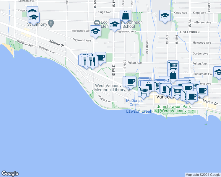 map of restaurants, bars, coffee shops, grocery stores, and more near 2119 Bellevue Avenue in West Vancouver