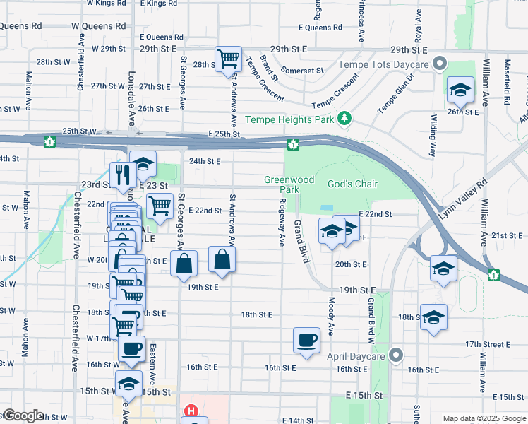 map of restaurants, bars, coffee shops, grocery stores, and more near 335 22nd Street East in North Vancouver