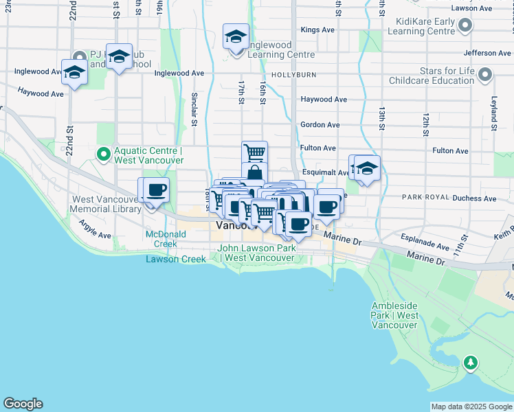 map of restaurants, bars, coffee shops, grocery stores, and more near 1645 Marine Drive in West Vancouver