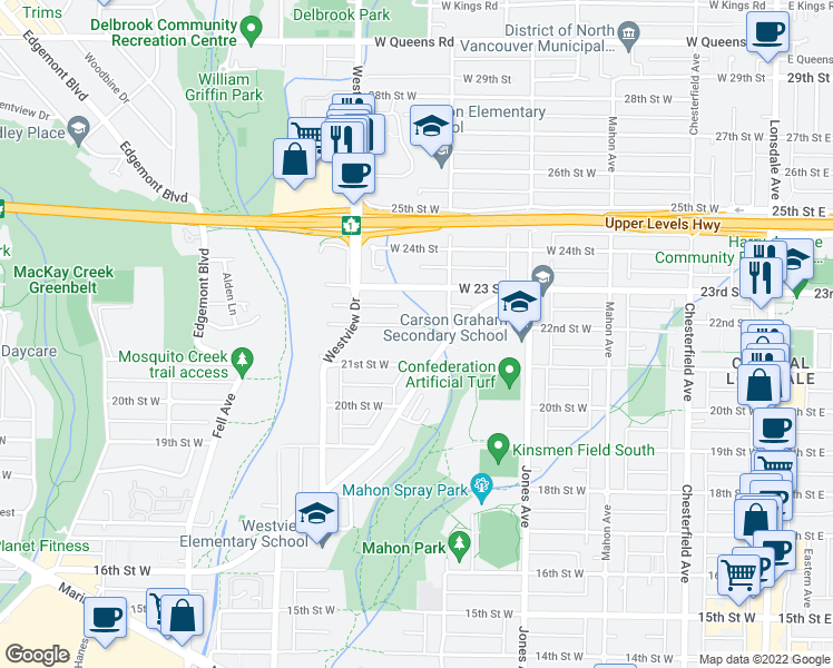 map of restaurants, bars, coffee shops, grocery stores, and more near 515 West 22nd Street in North Vancouver