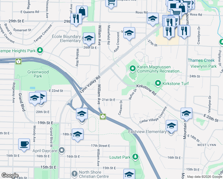 map of restaurants, bars, coffee shops, grocery stores, and more near 2270 Ennerdale Road in North Vancouver