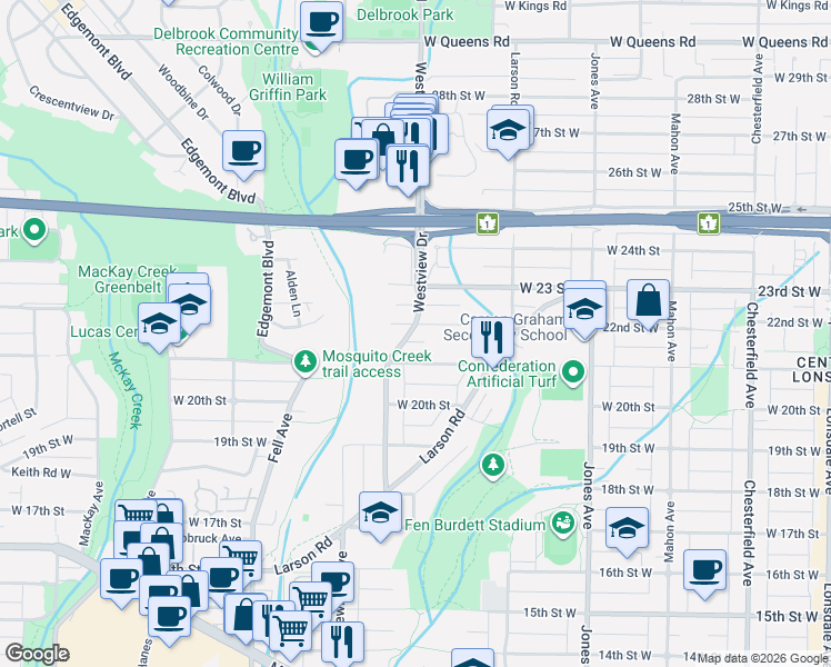 map of restaurants, bars, coffee shops, grocery stores, and more near 2136 Westview Drive in North Vancouver