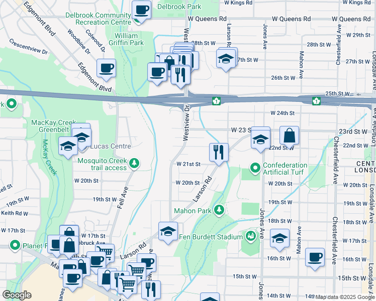 map of restaurants, bars, coffee shops, grocery stores, and more near 579 22nd Street West in North Vancouver